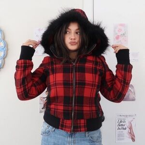 y2k Red Plaid Faux Fur Trim Hooded Bomber Jacket
